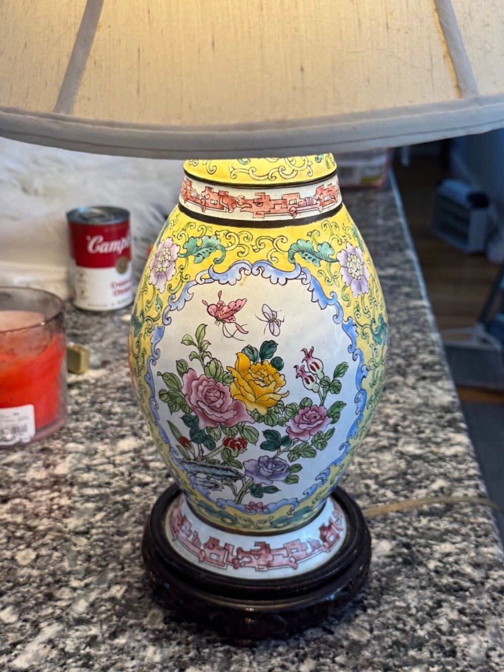 Vintage Floral Porcelain Table Lamp With Beige Shade & Wooden Base 21" Tall